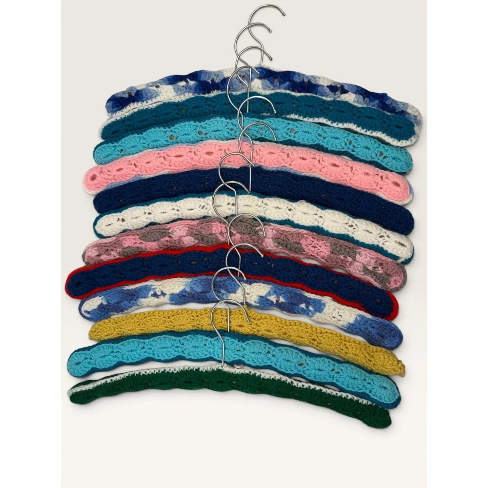 Vtg Grannycore Crochet Covered Wood Hangers Set 12 Multi Color Padded Non Slip